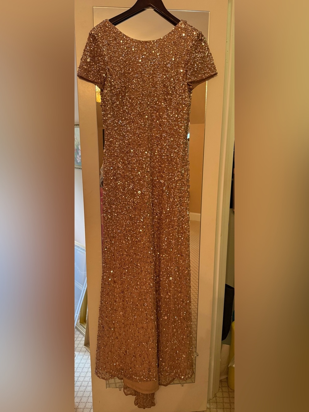 Adrianna Papell Rose Gold Sequin Short-Sleeve Evening Gown